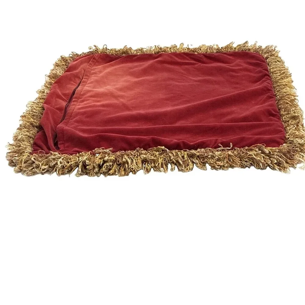 Vintage Velvet Floral Square Decorative Pillow Case Red/Gold Fringe Zipper